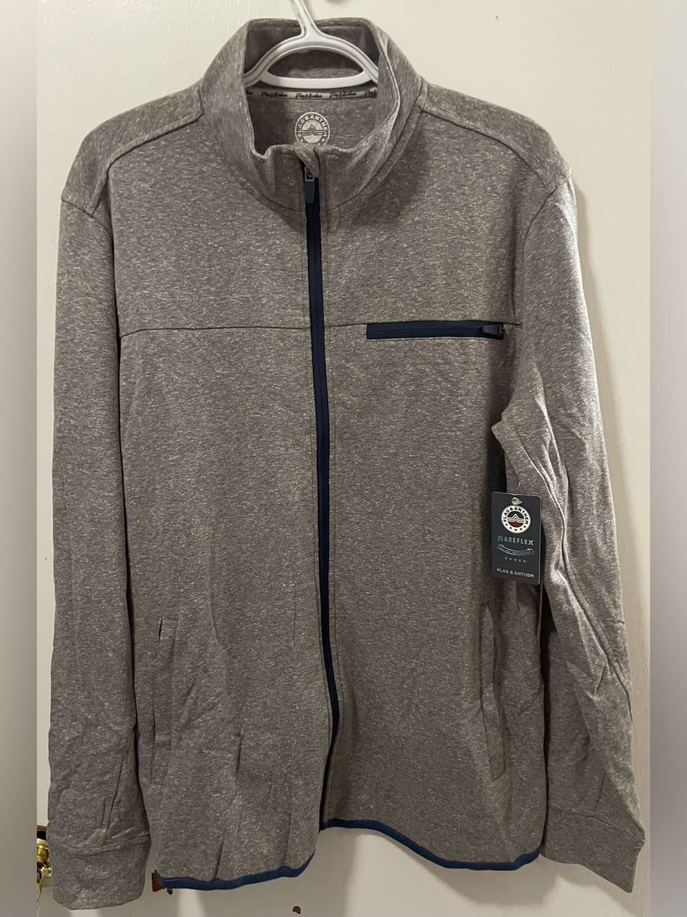 Flag & Anthem MadeFlex Men's Grey Navy Full-Zip Sweater Jacket Shirt Size Medium